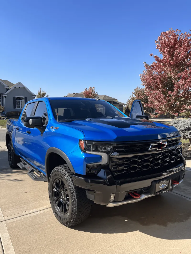 Blue Chevy Silverado ZR2 freshly detailed by Aqulux Auto Detailing in Olathe KS